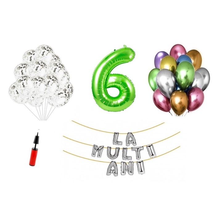 Комплект 32 балона, Happy Birthday 6 години юбилей, номер фолио 100 см, зелен