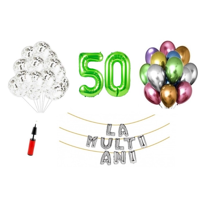 33 db lufi készlet, Boldog születésnapot, 50. évfordulót, fóliaszámok 100 cm, zöld