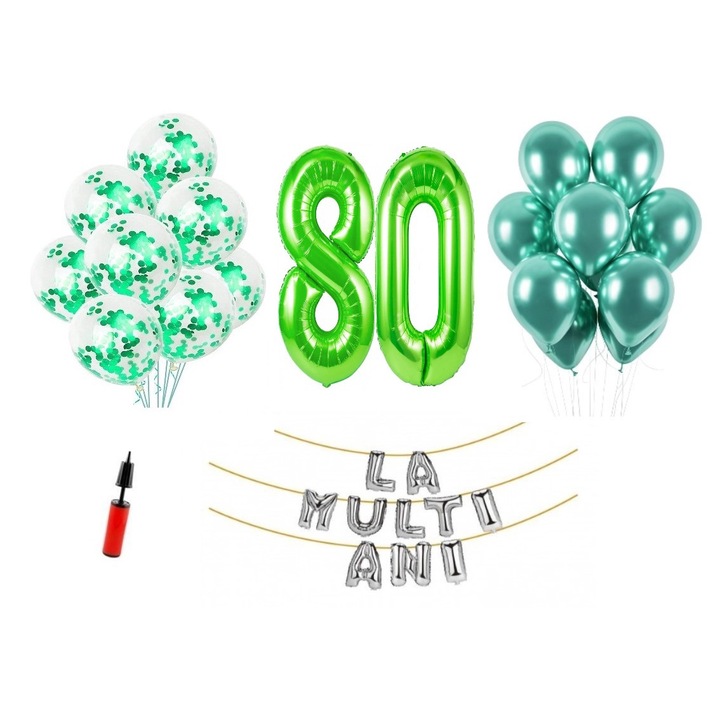 33 db lufi készlet, Boldog születésnapot, 80. évfordulót, fóliaszámok 1 m, zöld