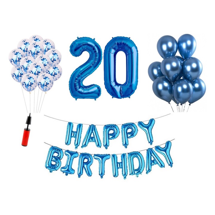 36 db lufi készlet, Boldog születésnapot 20 éves évfordulóra, fóliaszámok 100 cm, kék