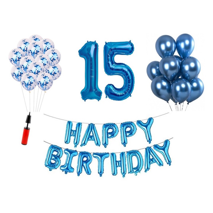 36 db lufi készlet, Boldog születésnapot 15 éves évfordulóra, fóliaszámok 100 cm, kék