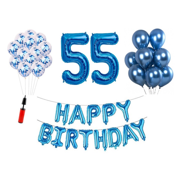 36 db lufi készlet, Boldog születésnapot 55 éves évfordulóra, fóliaszámok 100 cm, kék