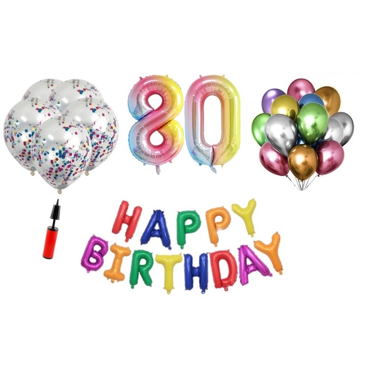 36 db lufi készlet, Boldog születésnapot 80 éves évfordulóra, fóliaszámok 100 cm, szivárvány