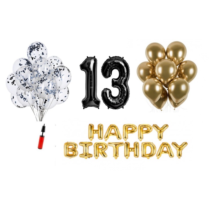 36 db lufi készlet, Boldog születésnapot 13 éves évfordulóra, fóliaszámok 100 cm, fekete