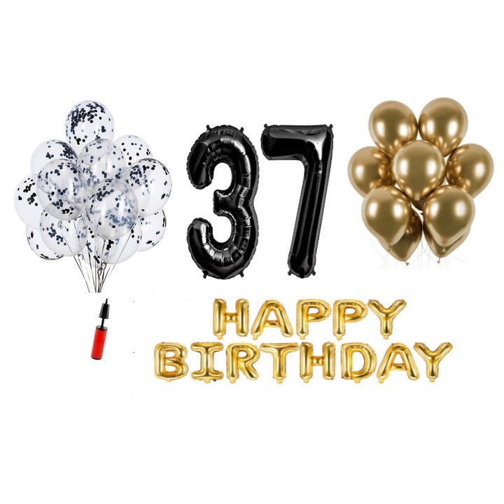 36 db lufi készlet, Boldog születésnapot 37 éves évfordulóra, fóliaszámok 100 cm, fekete