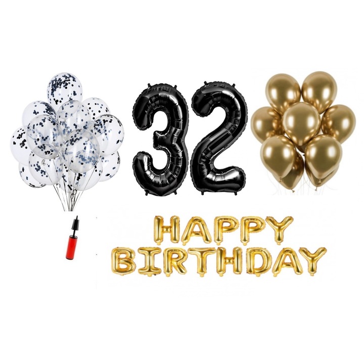 36 db lufi készlet, Boldog születésnapot 32 éves évfordulóra, fóliaszámok 100 cm, fekete