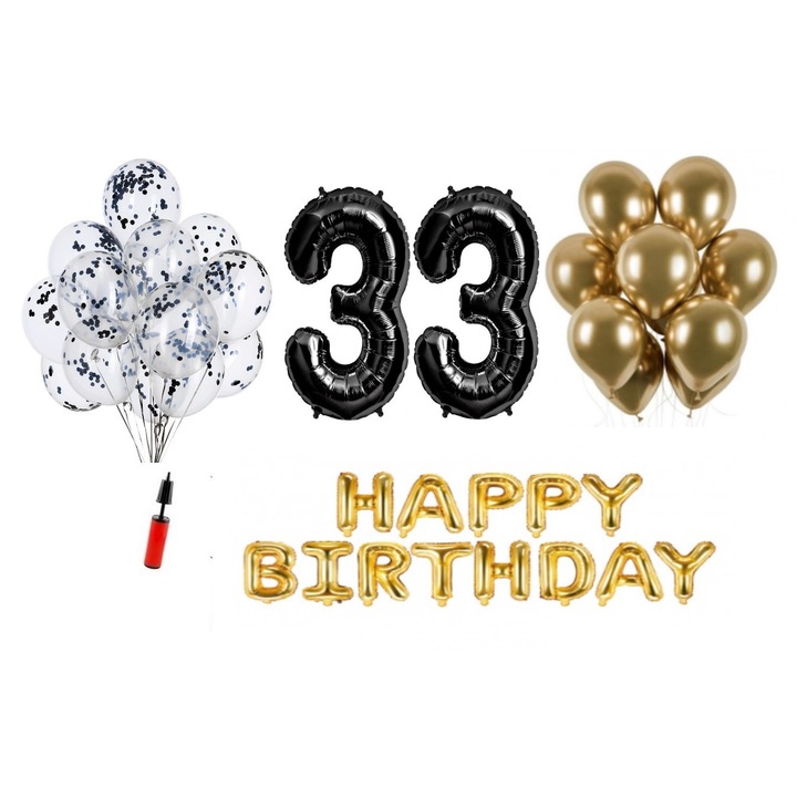Set 36 baloane, Happy Birthday aniversare 33 ani, cifre folie 100 cm, negru