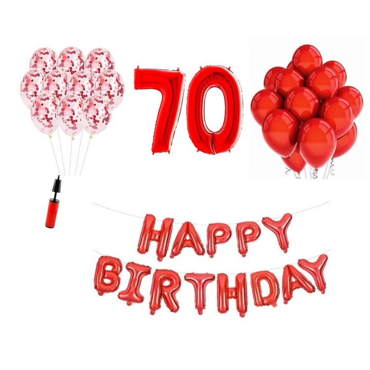 36 db lufi készlet, Boldog születésnapot 70 éves évfordulóra, fóliaszámok 100 cm, piros