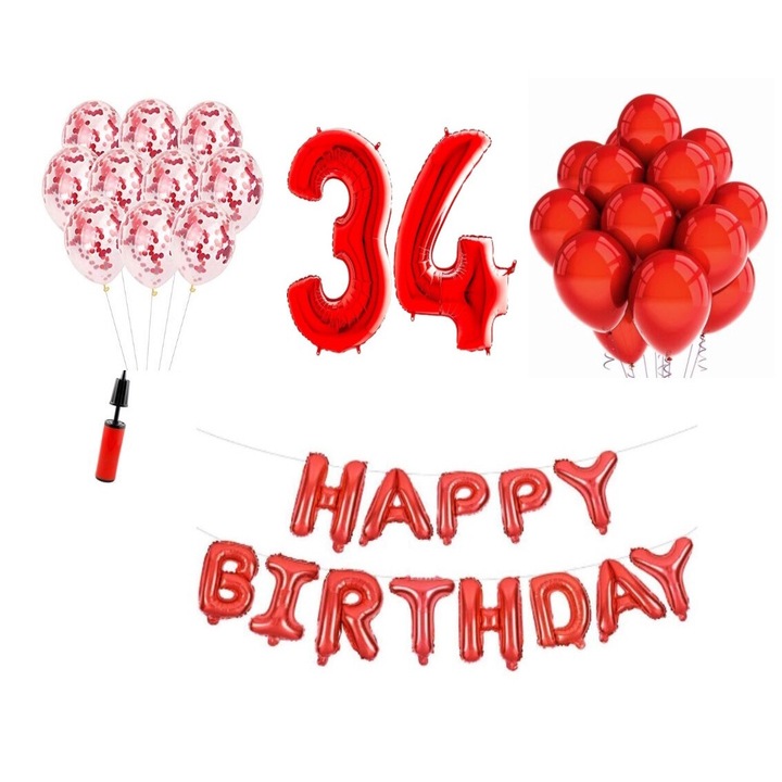36 db lufi készlet, Boldog születésnapot 34 éves évfordulóra, fóliaszámok 100 cm, piros