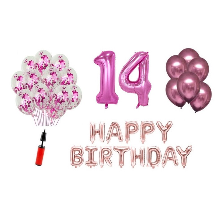 36 db lufi készlet, Boldog születésnapot 14 éves évfordulóra, fóliaszámok 100 cm, rózsaszín