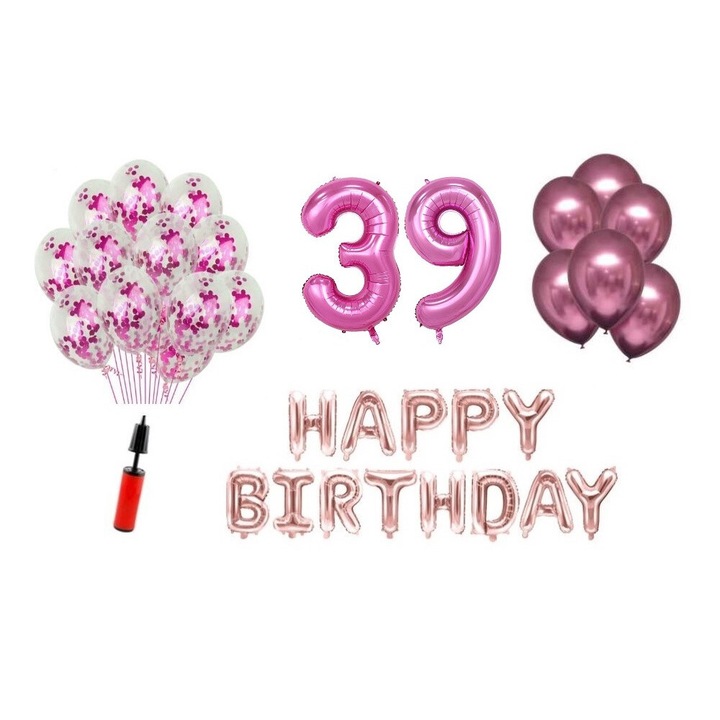 36 db lufi készlet, Boldog születésnapot 39 éves évfordulóra, fóliaszámok 100 cm, rózsaszín