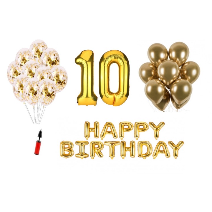 36 db lufi készlet, Boldog születésnapot 10 éves évfordulóra, fóliaszámok 100 cm, arany