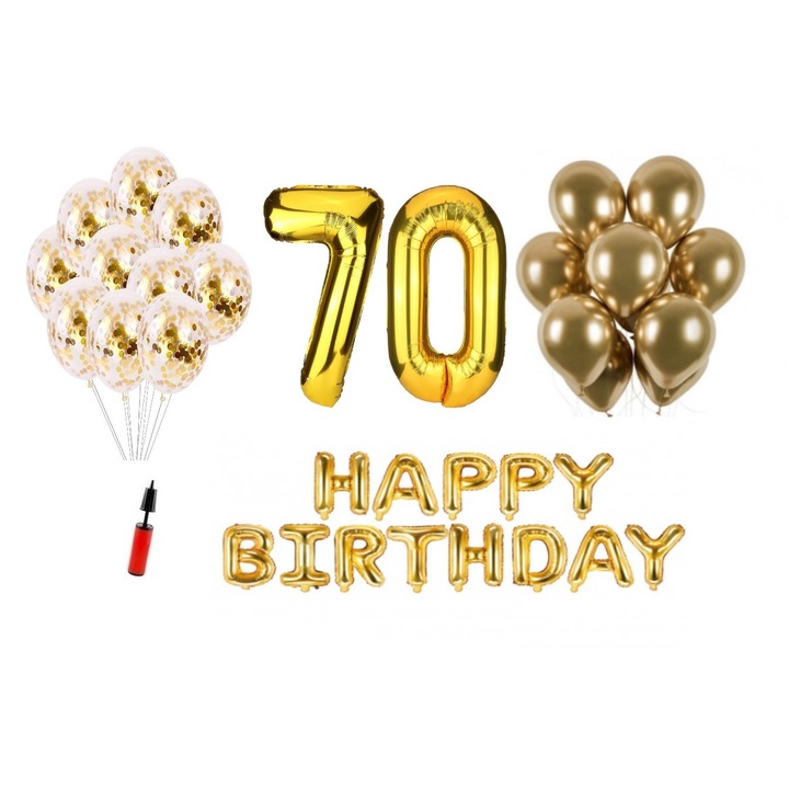 36 db lufi készlet, Boldog születésnapot 70 éves évfordulóra, fóliaszámok 100 cm, arany