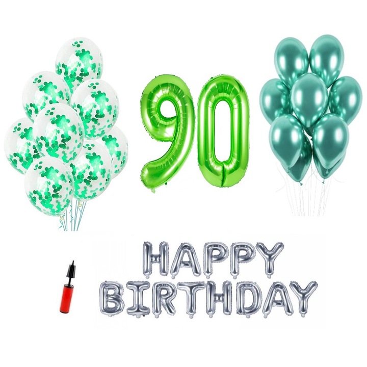 36 db lufi készlet, Boldog születésnapot 90 éves évfordulóra, fóliaszámok 1 m, zöld