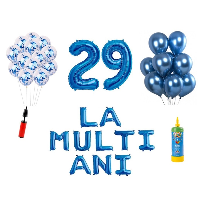 34 db DOMI PARTY & GIFTS lufi készlet, Boldog születésnapot 29 éves évfordulóra, fóliaszámok 100 cm, kék + hélium palack