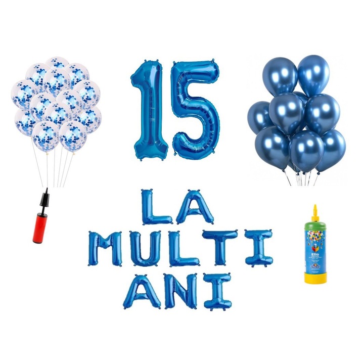 34 db DOMI PARTY & GIFTS lufi készlet, Boldog születésnapot 15 éves évfordulóra, fóliaszámok 100 cm, kék + hélium palack