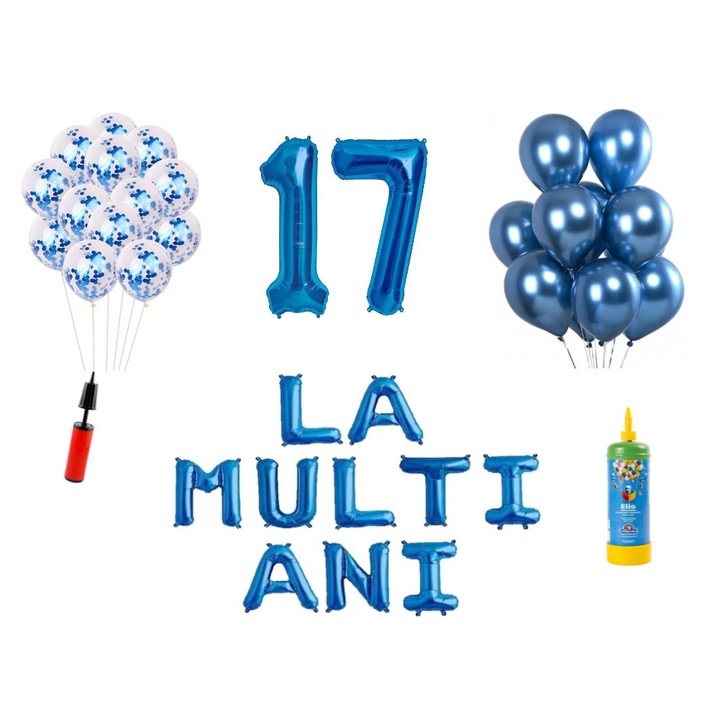 34 db DOMI PARTY & GIFTS lufi készlet, Boldog születésnapot 17 éves évfordulóra, fóliaszámok 100 cm, kék + hélium palack