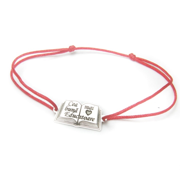 Bratara reglabila cu snur rosu si carte cu mesaj pentru educatoare din argint 925