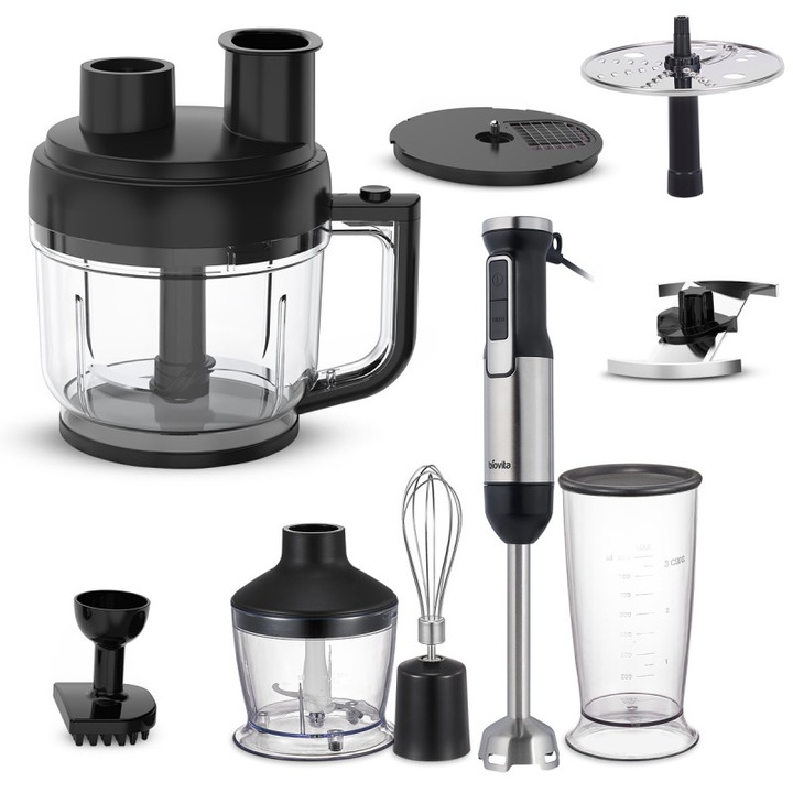 Blender Vertical cu 8 Accesorii, Biovita BLENDY, 800W, Vas Mare de 2L, Tocator 500ml, Tel, Vas 800 ml, Accesoriu Tocator, Taietor Cubulete, Maruntitor si Feliator