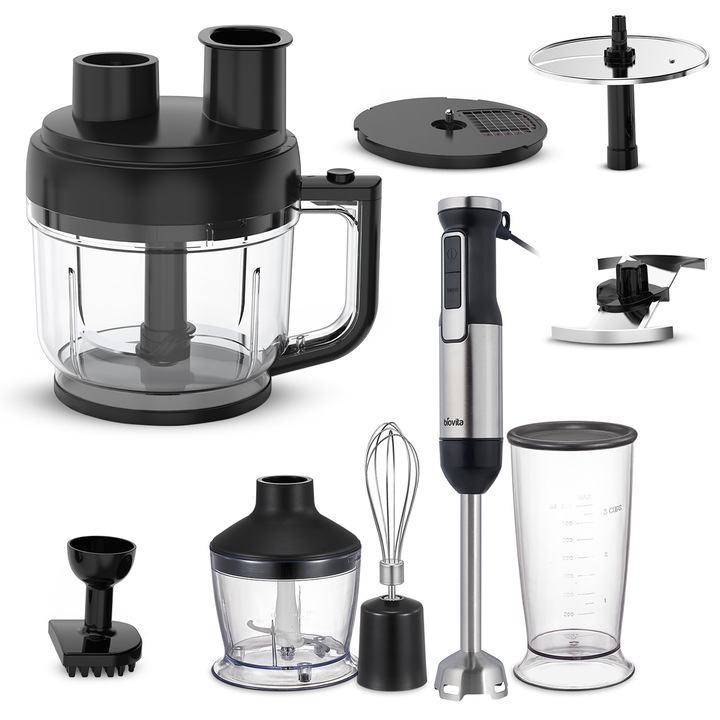 Blender de Mana cu 8 Accesorii, Biovita BLENDY, 800W, Vas Mare de 2L, Tocator 500ml, Tel, Vas 800 ml, Accesoriu Tocator, Taietor Cubulete, Maruntitor si Feliator