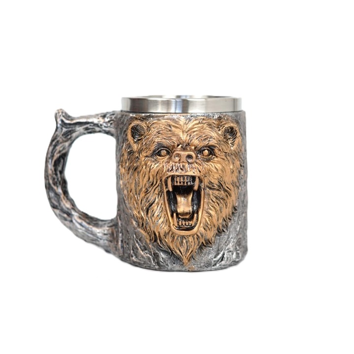 Halba de bere model Urs, din Otel Inoxidabil si Rasina, Cana medievala, Cana Viking, Capacitate 400ml