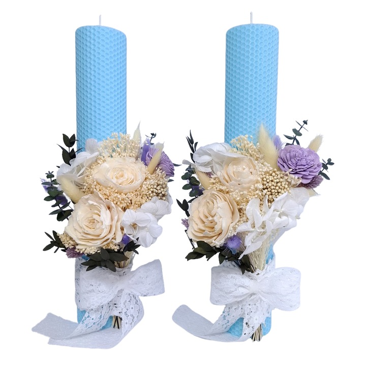 Сватбени свещи от естествен восък, декорирани с криогенна хортензия, цветя мин и криогенни/сухи естествени цветя В40/Д6 см, Светло сини