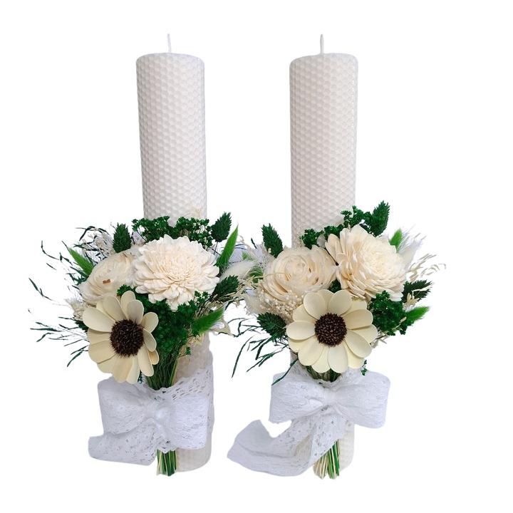 Lumanari cununie/nunta din ceara naturala de albine, decorate cu flori ming si flori naturale uscate H35/D6 cm, Ivory