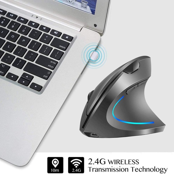 Mouse vertical wireless 2.4 GHz, gri, design ergonomic, incarcabil, pentru utilizatori dreptaci