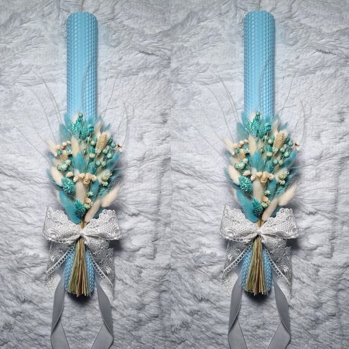 Set 2 lumanari cununie, nunta sau botez din ceara naturala decorate cu flori uscate, Alb menta, 40.5 cm