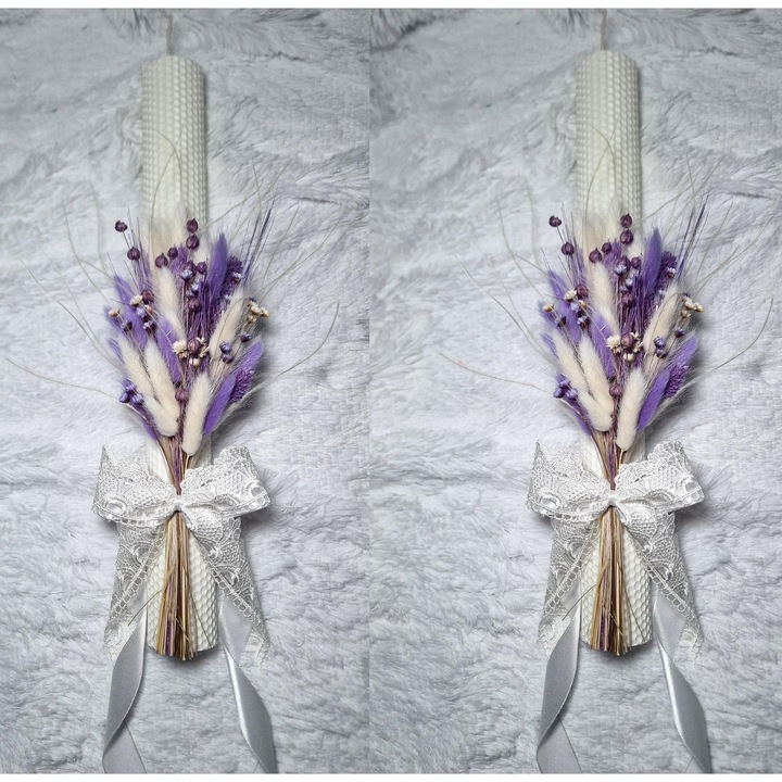 Set 2 lumanari cununie, nunta sau botez din ceara naturala decorate cu flori uscate, Alb violet, 40.5 cm