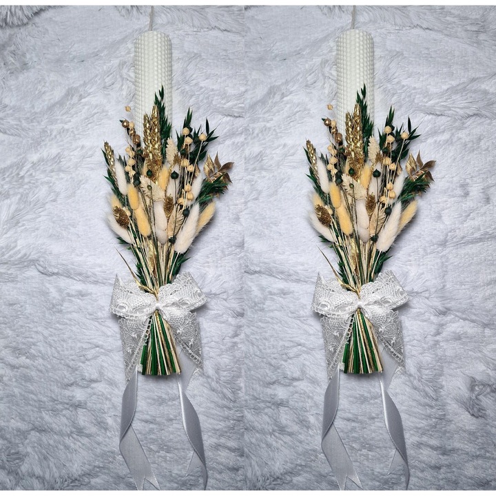 Set 2 lumanari cununie, nunta sau botez din ceara naturala decorate cu flori uscate, alb cu model auriu, 40.5 cm