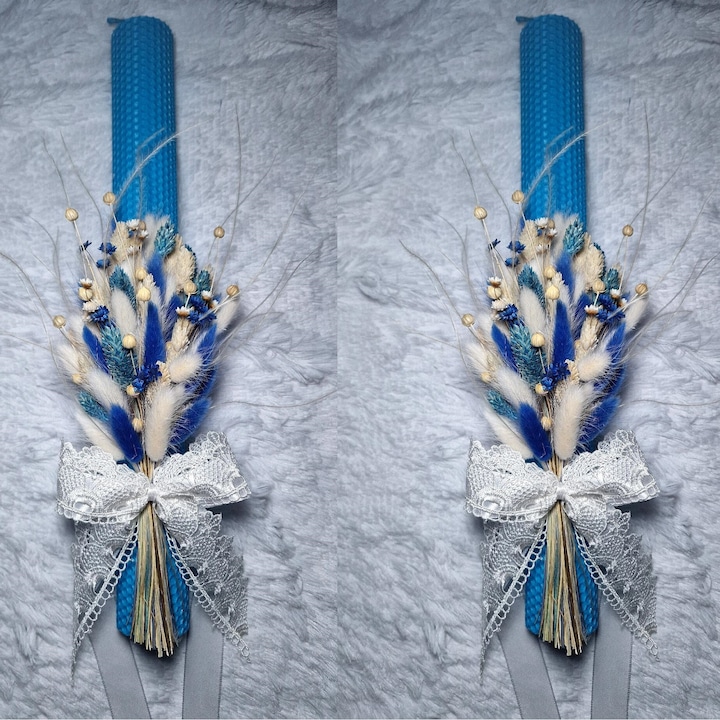 Set 2 lumanari cununie, nunta sau botez din ceara naturala decorate cu flori uscate, Albastru oceanic, 40.5 cm