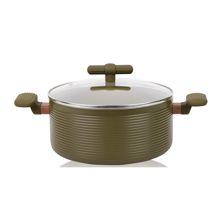 Cratita din aluminiu cu capac si maner cauciucat, Grunberg Dimensiuni 28 X 14cm, Grosime 3mm. Baza lata - pe inductie, Placaj anti-aderent, capacitate 7.4 L, GR5724