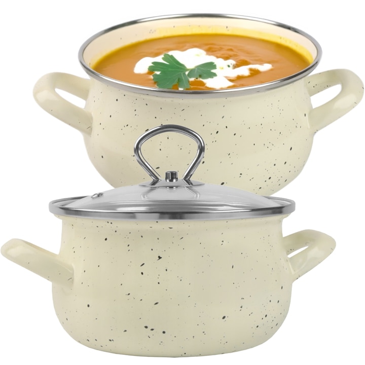 Oala emailata cu capac 1.9L, Silesia Emalia, Bej