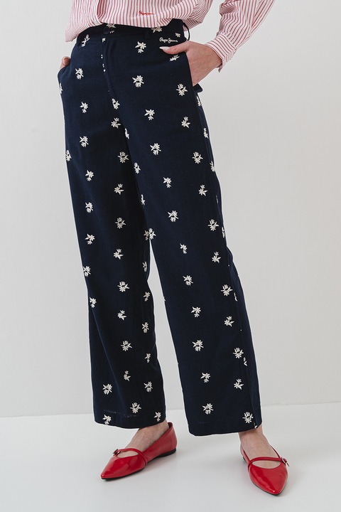 Pepe Jeans London, Pantaloni din amestec de in cu broderie Genoveva, Alb/Albastru ultramarin, XS