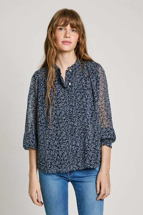 Pepe Jeans London, Bluza din sifon cu nasturi, Albastru inchis/Transparent