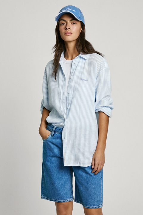 Pepe Jeans London, Раирана риза с дълги ръкави, Бял/Син