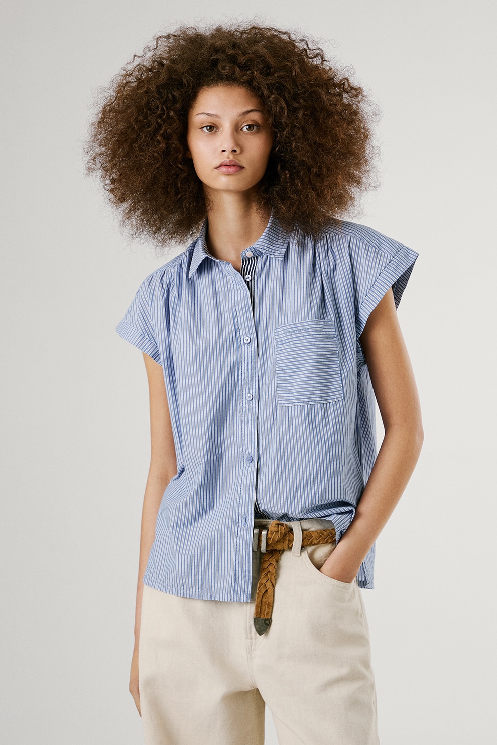 Pepe Jeans London, Camasa in dungi cu maneci scurte, Alb, Albastru inchis, M