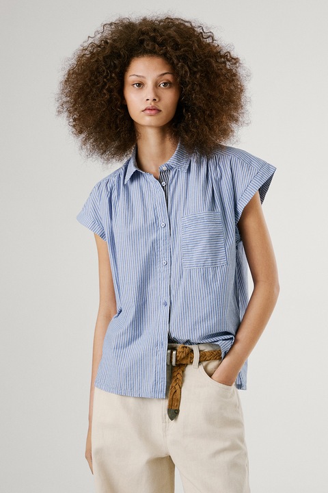 Pepe Jeans London, Camasa in dungi cu maneci scurte, Alb/Albastru inchis