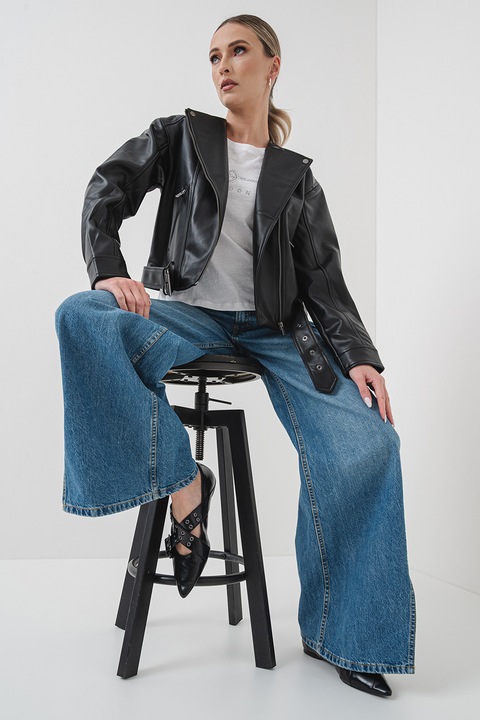 Pepe Jeans London, Jacheta biker de piele ecologica Juliette, Negru, S