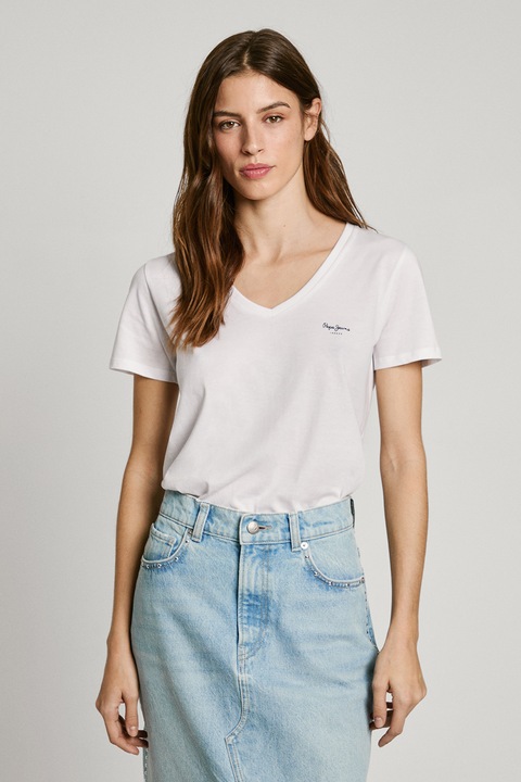 Pepe Jeans London, Tricou din bumbac cu decolteu in V, Alb