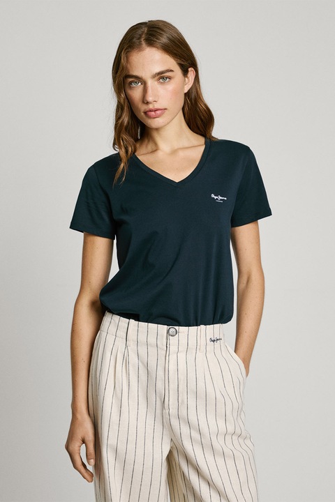 Pepe Jeans London, Tricou din bumbac cu decolteu in V, Albastru ultramarin
