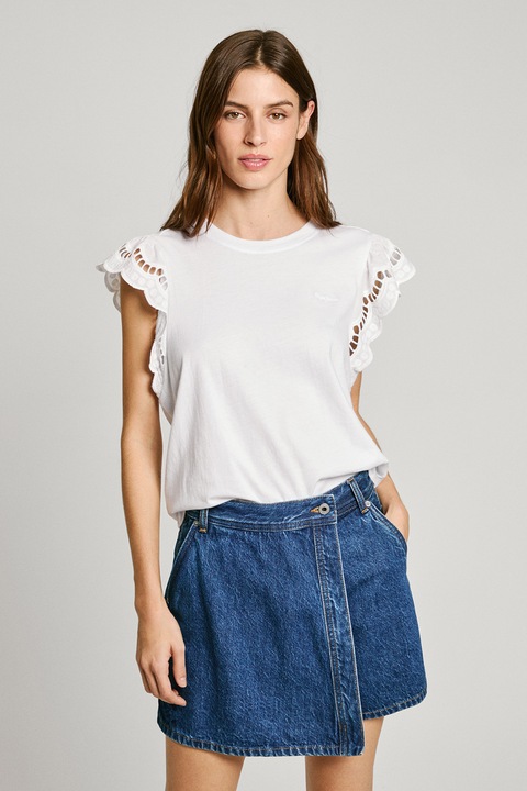 Pepe Jeans London, Tricou cu decolteu la baza gatului si maneci brodate, Alb