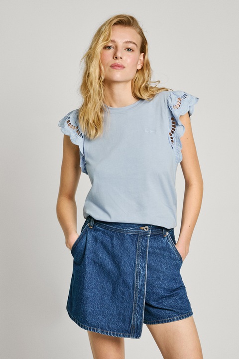 Pepe Jeans London, Tricou cu decolteu la baza gatului si maneci brodate, Albastru deschis