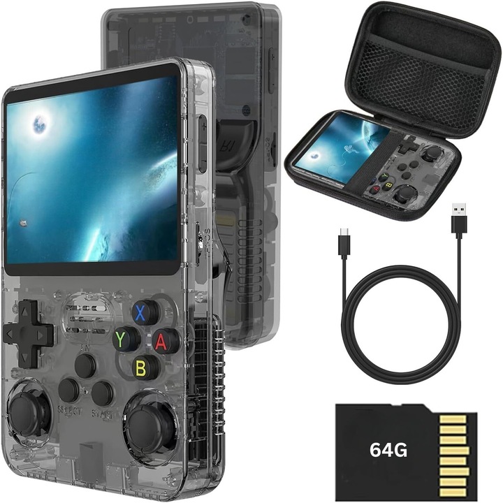 Consola de Jocuri Retro Portabila R36S LUKETO®, 64GB, Sistem de operare Linux ArkOS, Ecran IPS 3.5 inch Full View, 640x480, Suport 21 Emulatoare, Baterie 3200mAh, Negru