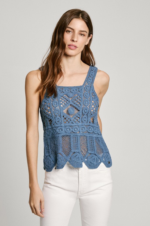 Pepe Jeans London, Топ от кроше с квадратно деколте, Тъмносин