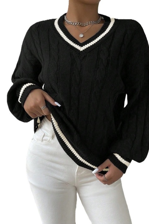 Pulover Dama, Clasic, Cu Dungi Si Umeri Cazuti, Negru, 2XL