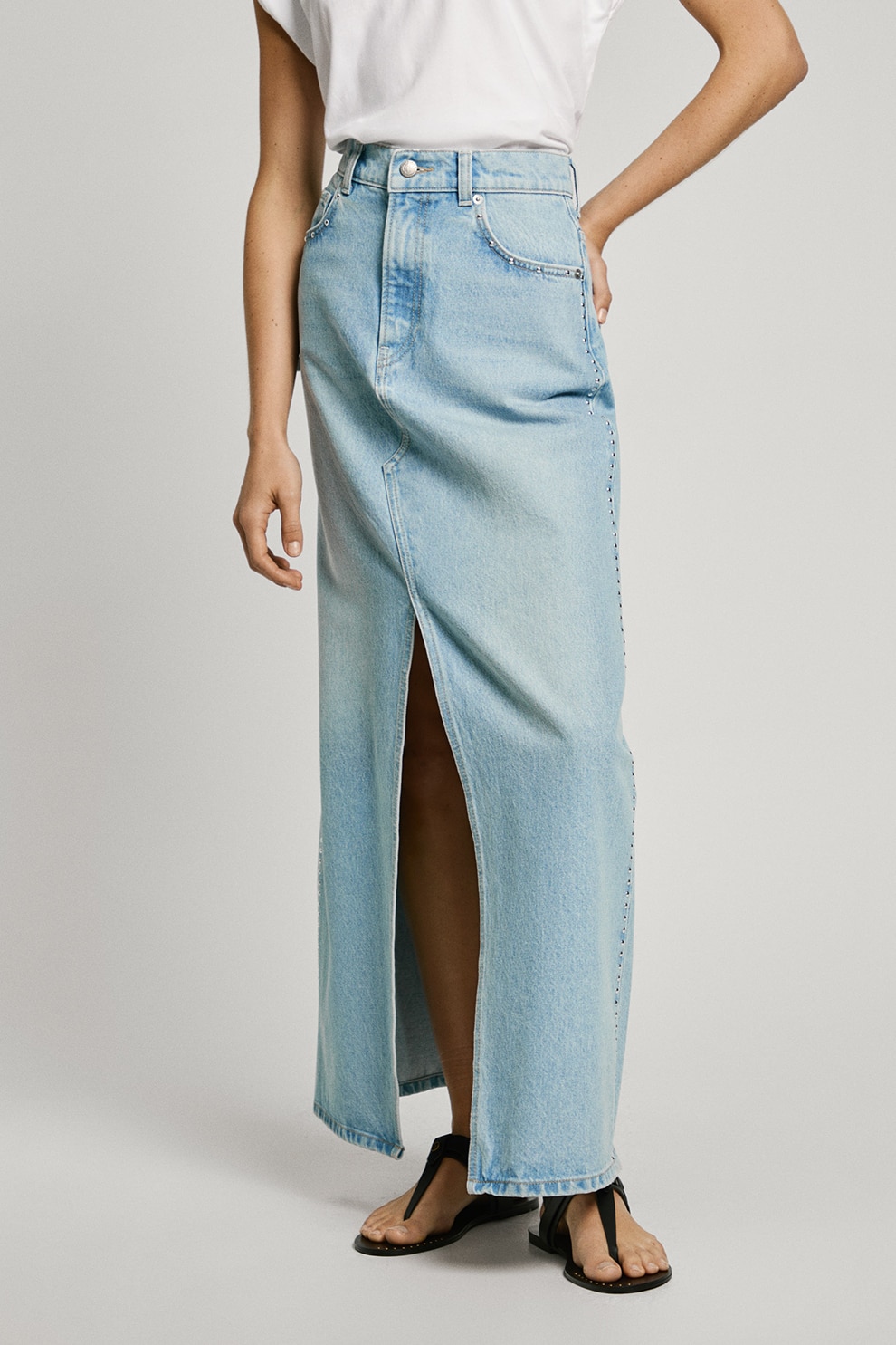Pepe Jeans London, Fusta maxi din denim cu slit frontal, Albastru deschis, XS