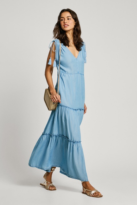 Pepe Jeans London, Rochie maxi cu decolteu in V, Albastru deschis, S