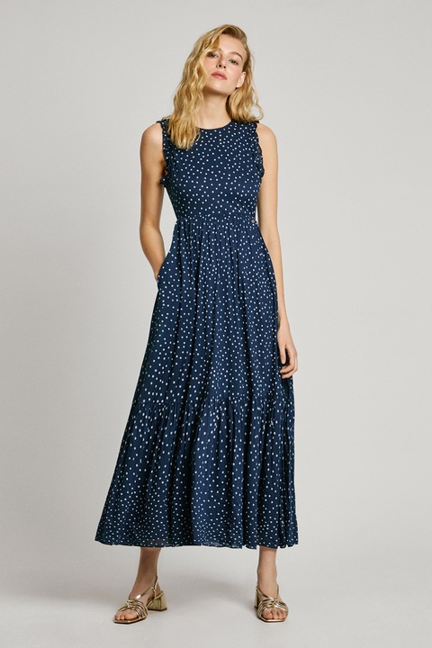 Pepe Jeans London, Rochie evazata cu decupaj pe spate, Alb/Albastru indigo, XS